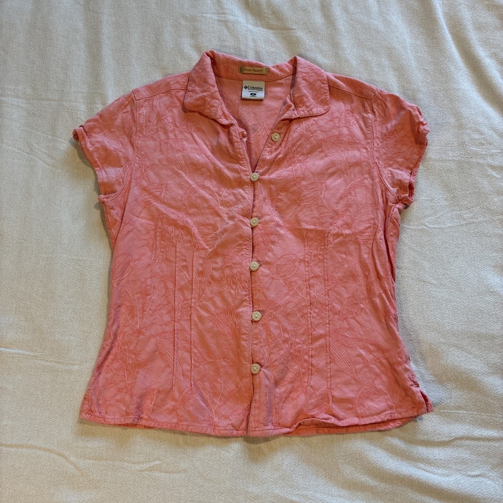 Women's Shirt Medium Salmon Button-Down Floral Pattern Pin-tuck Pleating Collar